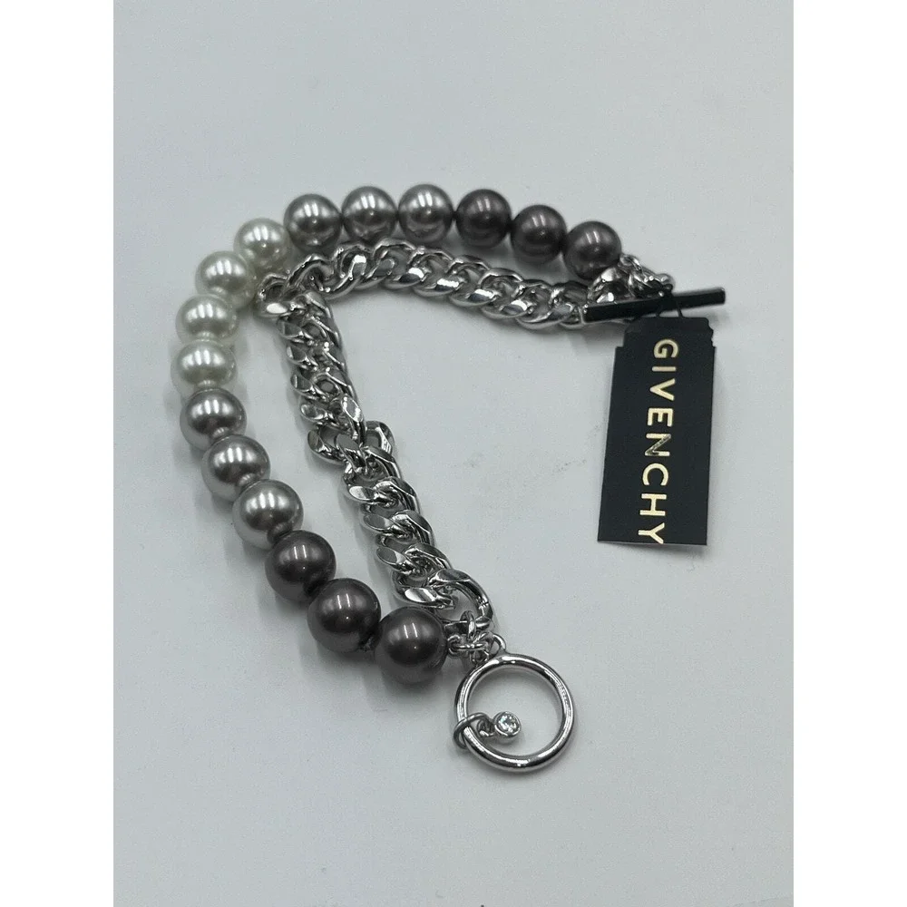 Givenchy Signed Silver Tone MultiStrand Ombre Gray White Pearl‎ Bracelet New